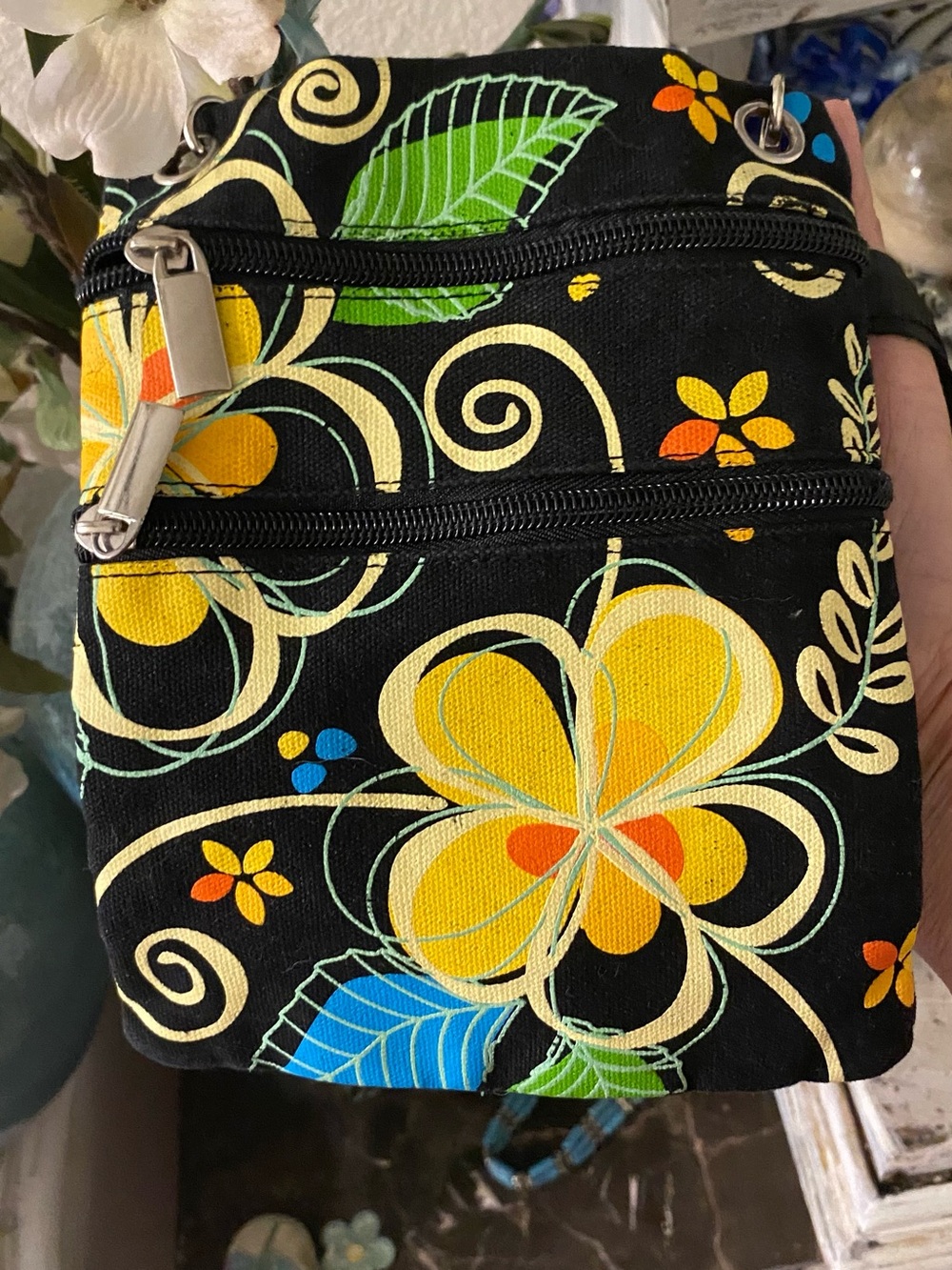 Black Floral Crossbody Bag with Yellow and Blue Accents - Picture 8 of 12